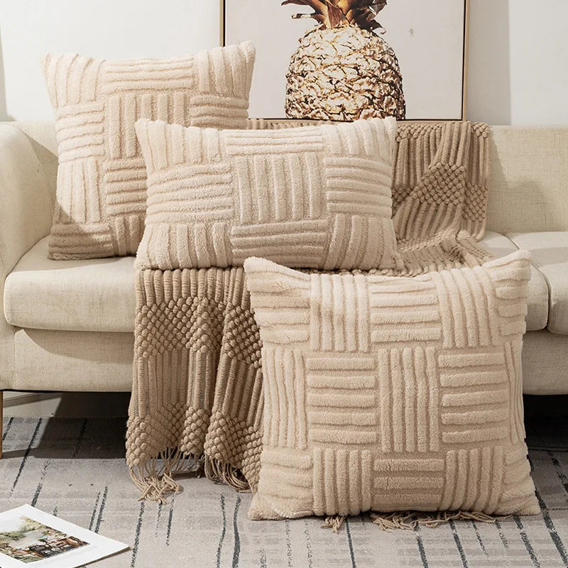 Boho Faux Fur Plush Throw Pillow Cover - Cream White Decorative Couch Pillows 1