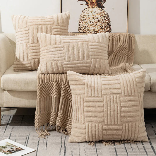 Boho Faux Fur Plush Throw Pillow Cover - Cream White Decorative Couch Pillows 1