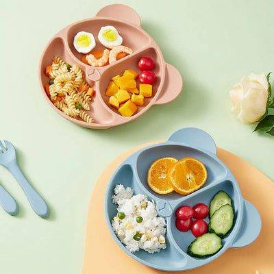 Cute Bear Silicone Suction Cup Dinner Plate - 3-Compartment Baby Bowl 3