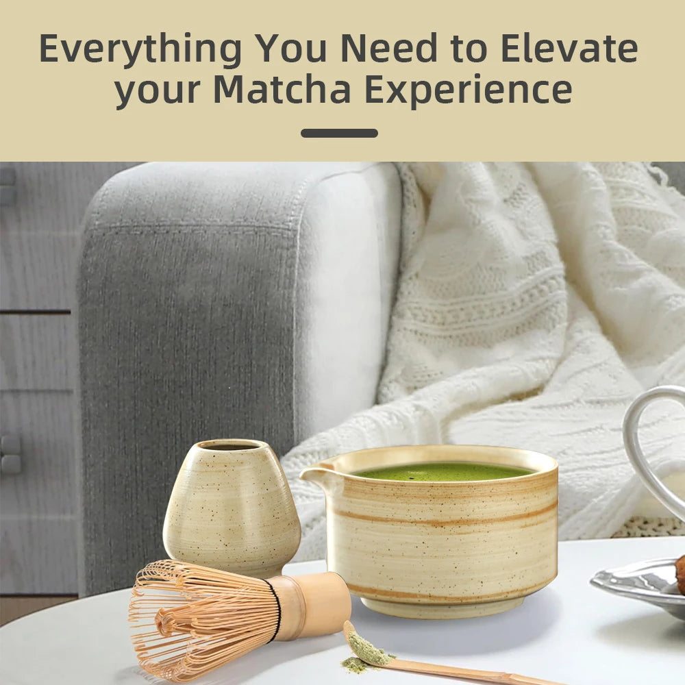 Japanese Matcha Tea Set - 4PCS Bamboo Whisk, Scoop, Bowl & Holder 4