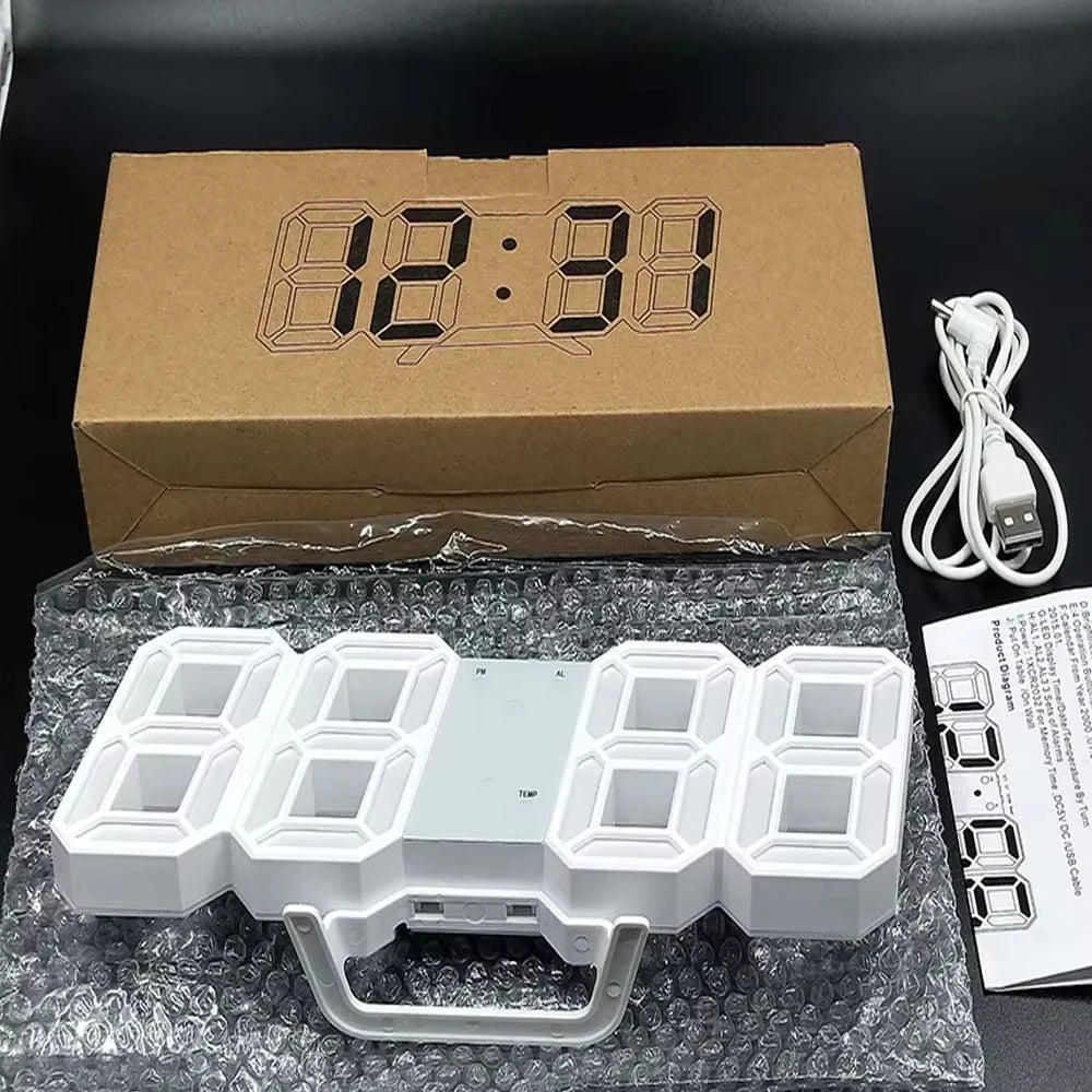 Modern 3D LED Digital Wall Clock with Alarm, Temperature Display & USB Charging 5