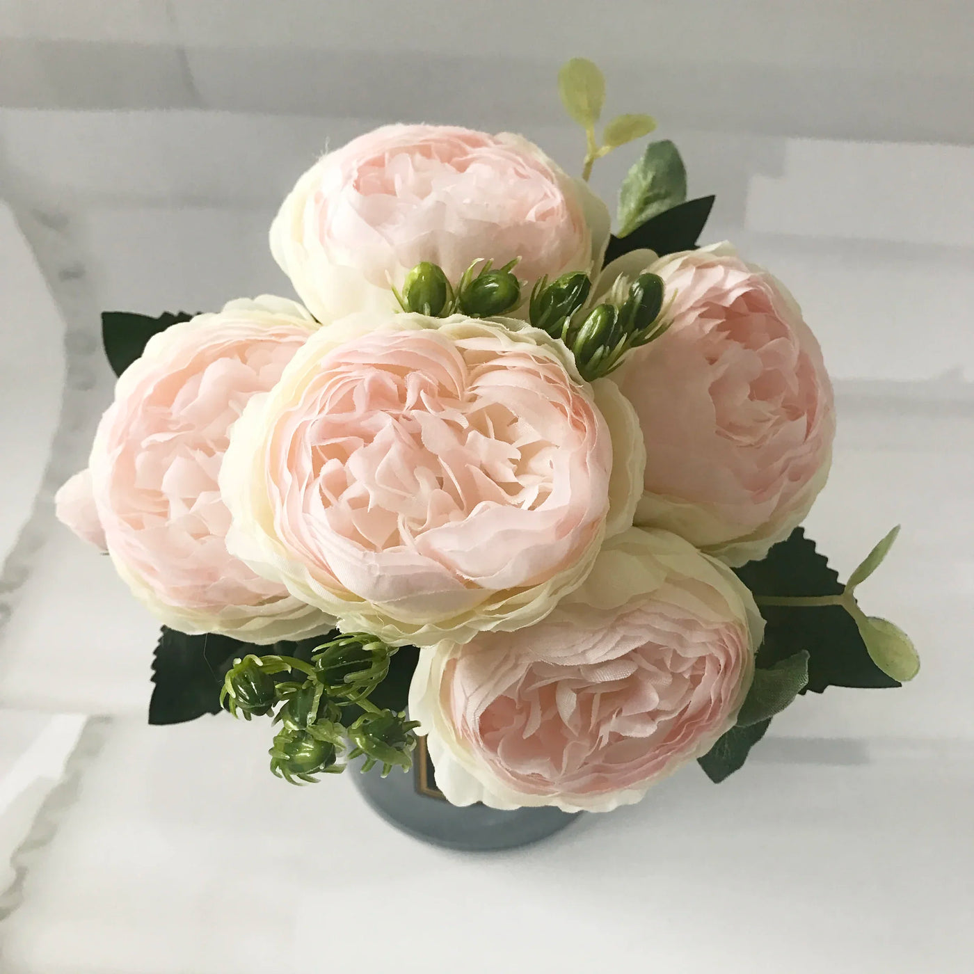 Rose Pink Silk Peony Artificial Flowers Bouquet - 5 Big Heads & 4 Buds for Home Wedding Decor 10