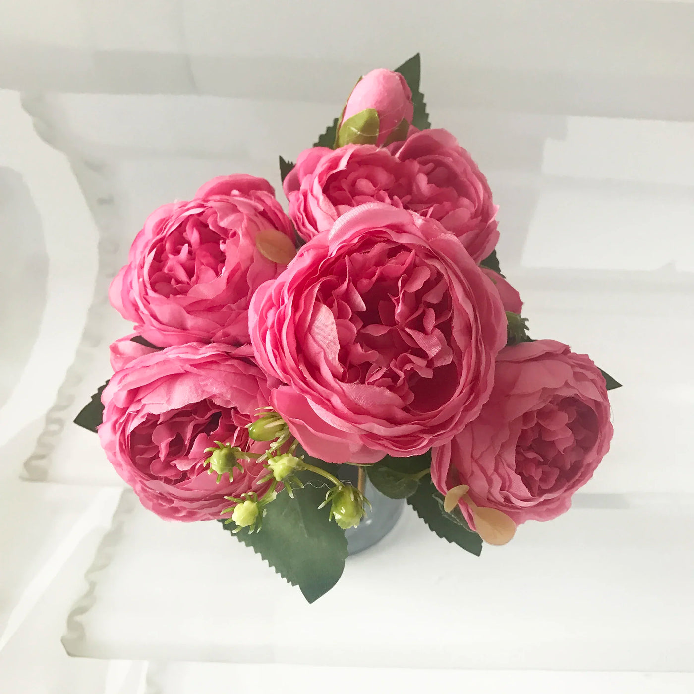 Rose Pink Silk Peony Artificial Flowers Bouquet - 5 Big Heads & 4 Buds for Home Wedding Decor 13