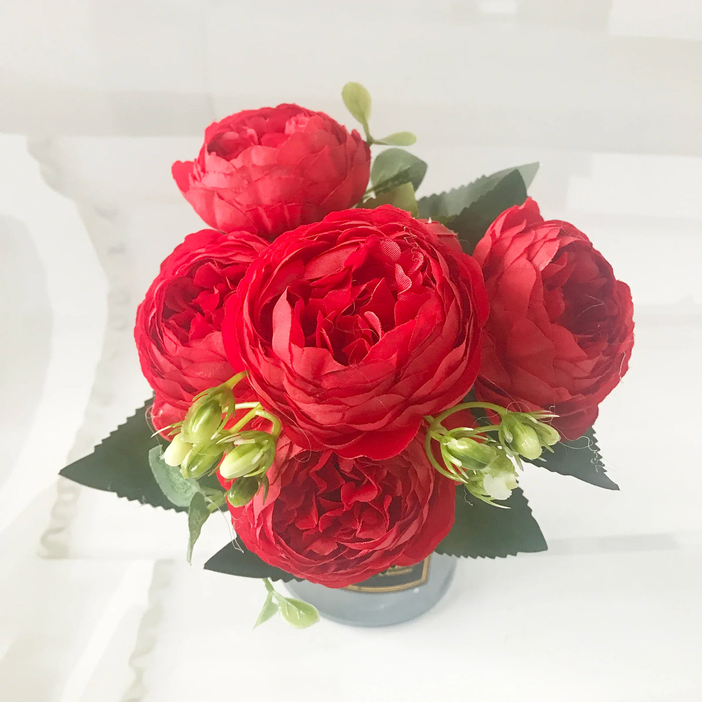 Rose Pink Silk Peony Artificial Flowers Bouquet - 5 Big Heads & 4 Buds for Home Wedding Decor 14