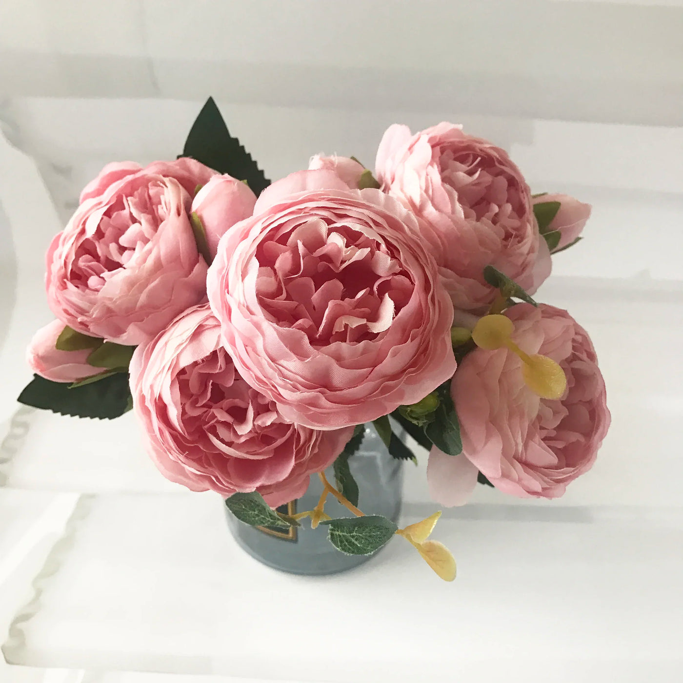 Rose Pink Silk Peony Artificial Flowers Bouquet - 5 Big Heads & 4 Buds for Home Wedding Decor 3