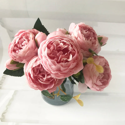 Rose Pink Silk Peony Artificial Flowers Bouquet - 5 Big Heads & 4 Buds for Home Wedding Decor 3
