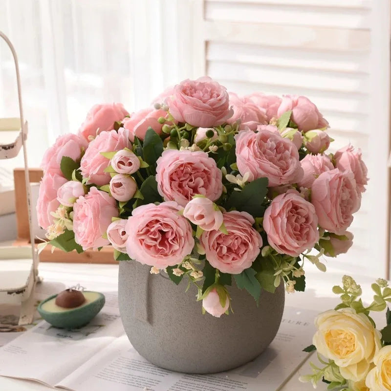 Rose Pink Silk Peony Bouquet - 30cm Artificial Flower Arrangement for Weddings and Home Decor 0