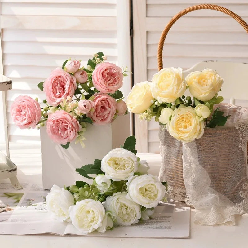 Rose Pink Silk Peony Bouquet - 30cm Artificial Flower Arrangement for Weddings and Home Decor 3