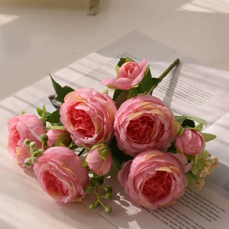 Rose Pink Silk Peony Bouquet - 30cm Artificial Flower Arrangement for Weddings and Home Decor 7