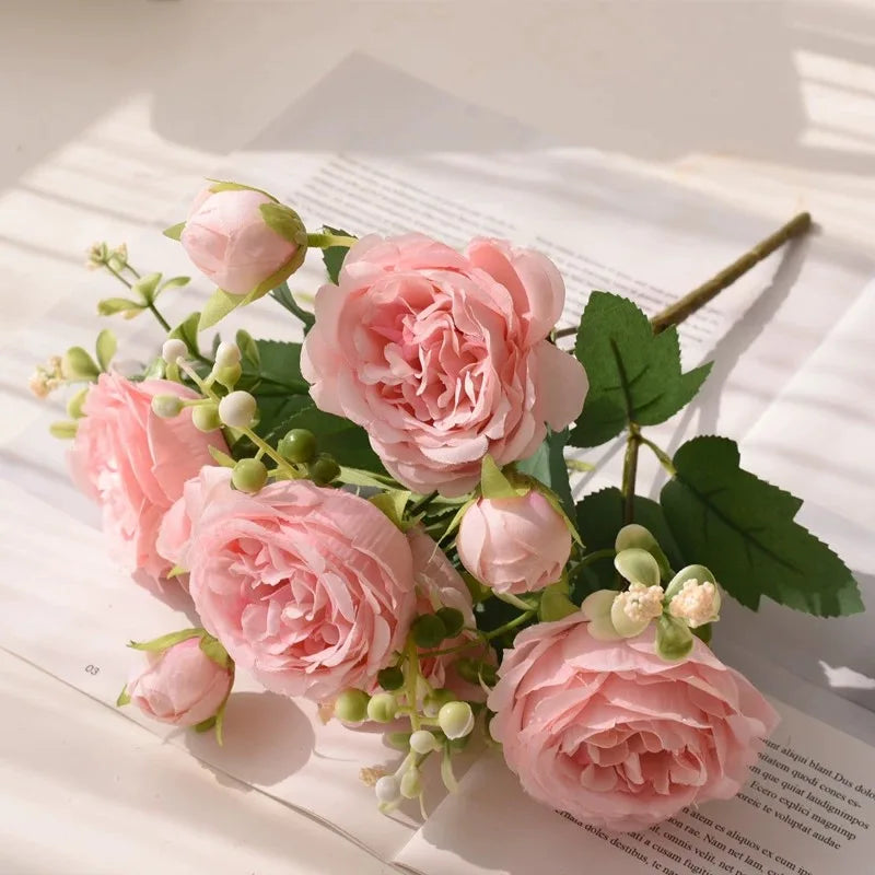 Rose Pink Silk Peony Bouquet - 30cm Artificial Flower Arrangement for Weddings and Home Decor 9