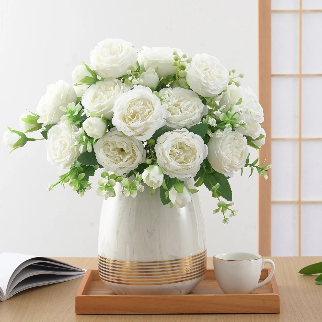 Silk Peony Artificial Flower Bouquet - Faux Floral Arrangements for Home & Weddings 3